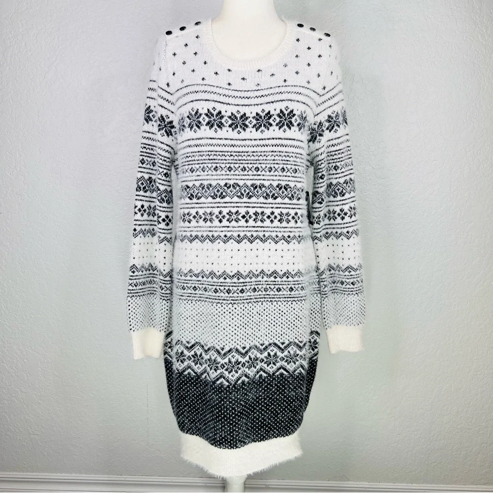 NWT Cupcakes and Cashmere Black & Ivory Fair Isle Snowflake Sweater Dress Large